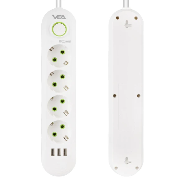 Vea VA-21560 4'Lü 3 USB'li 1.5 Metre Akım Korumalı Priz Beyaz - 2