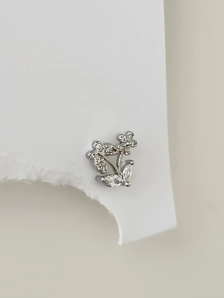 Kelebek Çiçek Model Kıkırdak Piercing Tragus Helix Gümüş Renk Küpe - 3