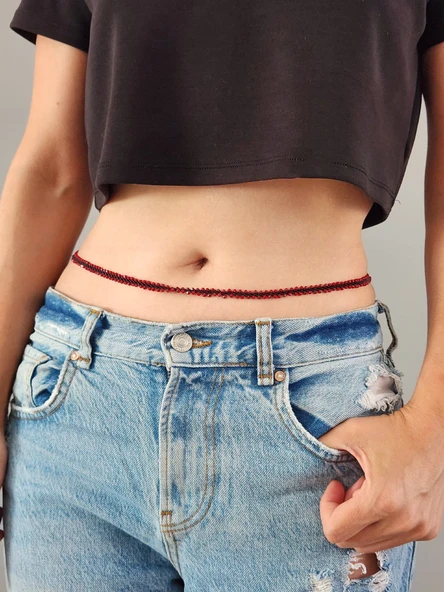 Kırmızı Siyah Boncuk Örme Bel Zinciri El Yapımı- Vücut Zinciri