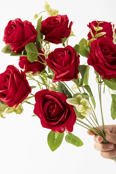 Güleç Yapay Çiçek Yapay Gül Demeti 9 Dallı Kırmızı - Resim 3