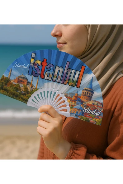 Ayver İSTANBUL MOTİFLİ DESENLİ KUMAŞ PLASTİK TUTMA METAL ASKILI YELPAZE