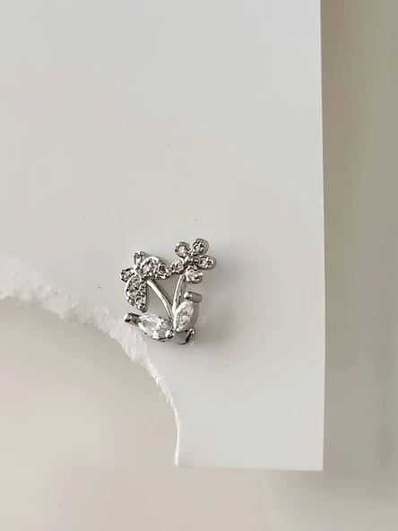 Kelebek Çiçek Model Kıkırdak Piercing Tragus Helix Gümüş Renk Küpe - 2