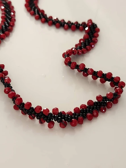 Kırmızı Siyah Boncuk Örme Bel Zinciri El Yapımı- Vücut Zinciri - 3