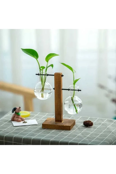 Hidroponik Bitki Vazosu Vintage Ahşap Stand ürün görseli 1