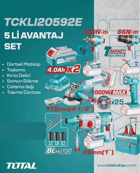TOTAL AVANTAJ 5 Lİ SET - DARBELİ MATKAP, TAŞLAMA, KIRICI DELİCİ - TCKLI20592E - 1