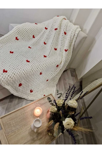 EL YAPIMI TV BATTANİYESİ KALP DESENLİ 130 X 170 CM - Resim 2