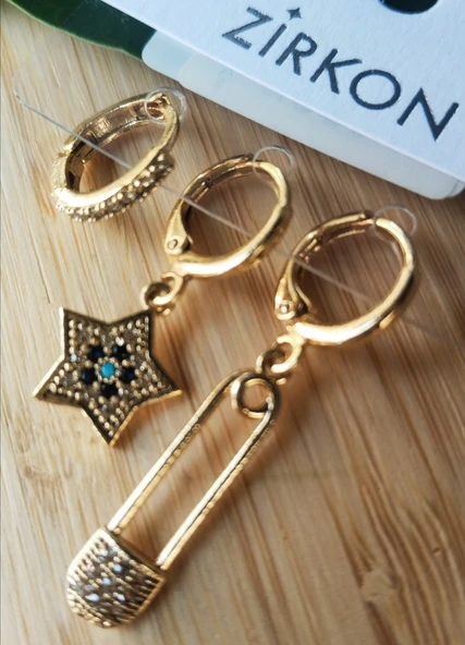 Monalisa Home Gold Renk Lüks Gösterişli  Figürlü Üçlü Küpe