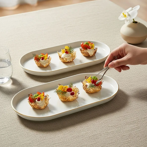 GÜRAL PORSELEN Bilbao 2 Parça 30x16 Cm Kayık Tabak Mat Altın File - Resim 2