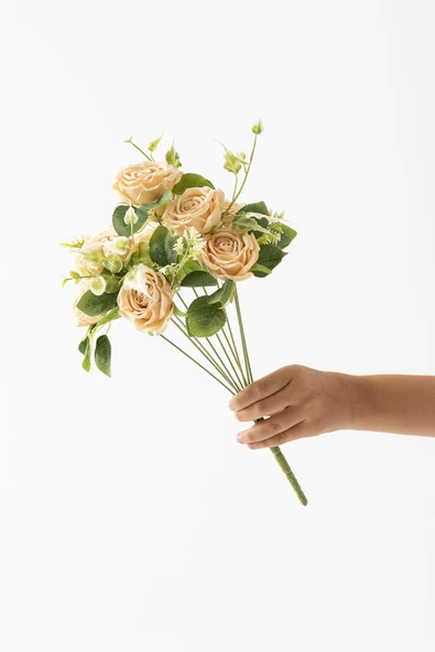 Güleç Yapay Çiçek Yapay Aranjmanlı Gül Demeti 9 Dallı Pudra - 2