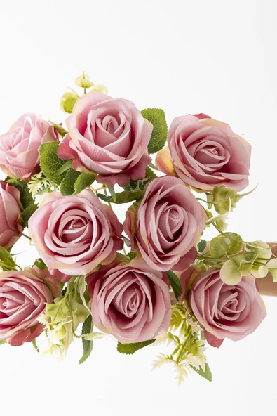 Güleç Yapay Çiçek Yapay Aranjmanlı Gül Demeti 9 Dallı Pembe - 3