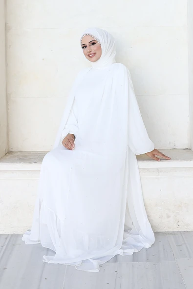 İnci Detaylı Pelerinli Elbise 3973 Ekru - 3