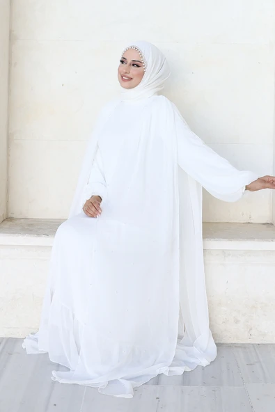 İnci Detaylı Pelerinli Elbise 3973 Ekru - 2