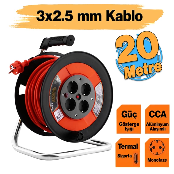 Plastik Makaralı Monofaze Uzatma Kablosu 3x2.5 mm 20 Metre Seyyar CCA Alüminyum Alaşım Kablo 4 Priz ürün görseli