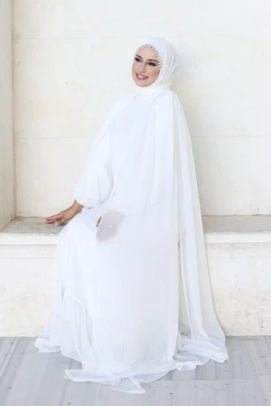 İnci Detaylı Pelerinli Elbise 3973 Ekru