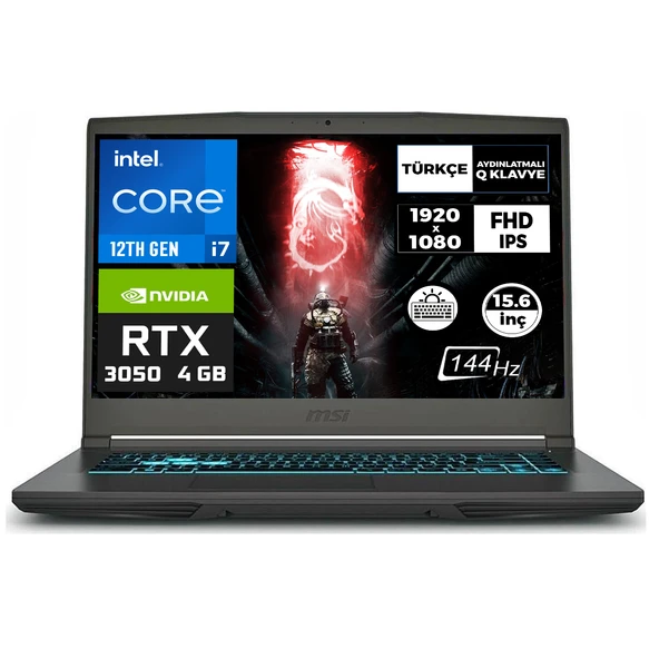 MSI THIN 15 i7-12650H 64GB 512GB SSD 4 GB RTX3050 144Hz 15.6" W11P Gaming Laptop B12UC-1479XTR 007 ürün görseli 1