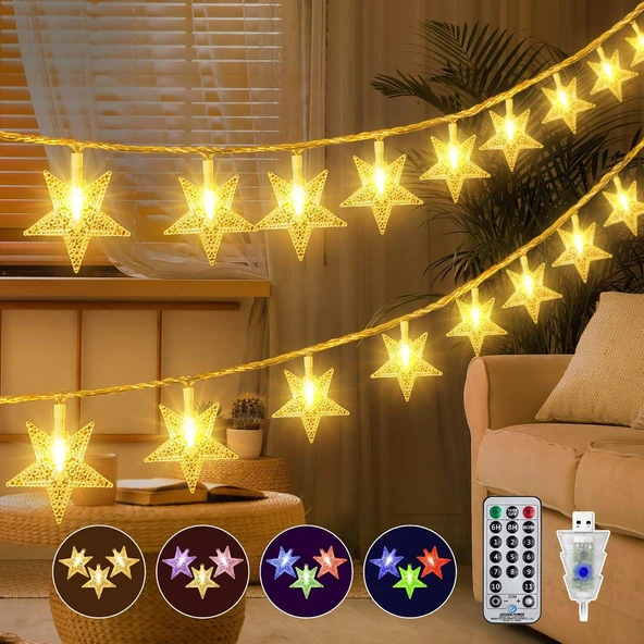 SARI VE RENKLİ 12 METRE 100 LED YILDIZ USB GİRİŞLİ SARI IŞIK KUMANDALI 8 MODLU EV BAHÇE BALKON AĞAÇ ÇİT SÜSÜ LED IŞIK LAMBA