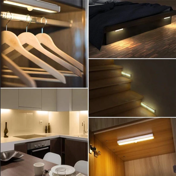 10 LED BEYAZ HAREKET SENSÖRLÜ ŞARJLI ELBİSE DOLABI ÇALIŞMA MASASI EV LED LAMBA IŞIK - 3