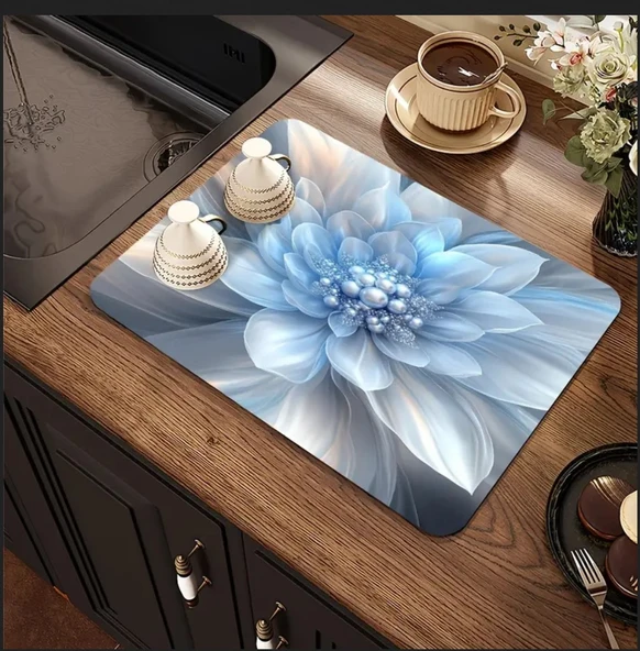55 CM x 45 CM MAVİ İNCİ ÇİÇEK DESENLİ TEZGAH ÜSTÜ BULAŞIK KURUTMA MATI BULAŞIKLIK KURUTMA ÖRTÜSÜ - 3
