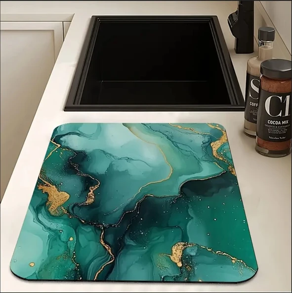 55 CM x 45 CM YEŞİL MERMER DESENLİ TEZGAH ÜSTÜ BULAŞIK KURUTMA MATI BULAŞIKLIK KURUTMA ÖRTÜSÜ - 3