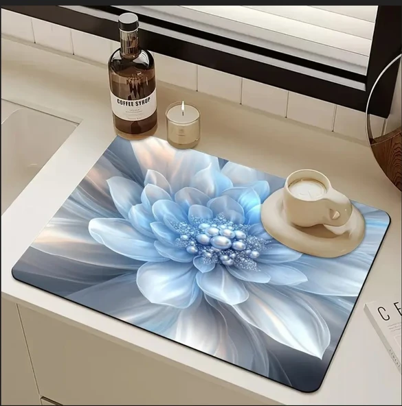 55 CM x 45 CM MAVİ İNCİ ÇİÇEK DESENLİ TEZGAH ÜSTÜ BULAŞIK KURUTMA MATI BULAŞIKLIK KURUTMA ÖRTÜSÜ - 2