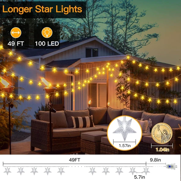 SARI VE RENKLİ 12 METRE 100 LED YILDIZ USB GİRİŞLİ SARI IŞIK KUMANDALI 8 MODLU EV BAHÇE BALKON AĞAÇ ÇİT SÜSÜ LED IŞIK LAMBA - 2