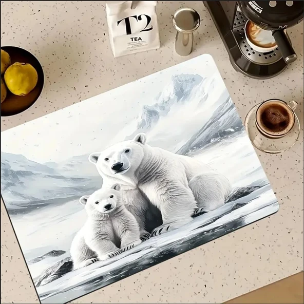 55 CM x 45 CM KUTUP AYISI DESENLİ TEZGAH ÜSTÜ BULAŞIK KURUTMA MATI BULAŞIKLIK KURUTMA ÖRTÜSÜ - 3