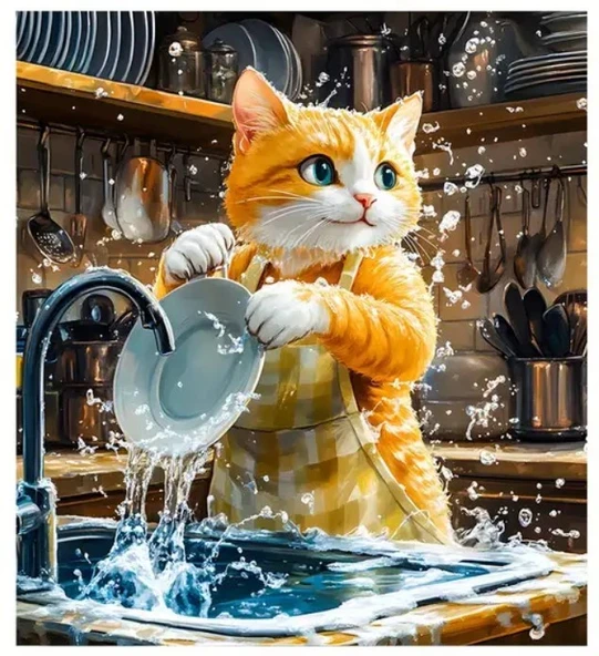 55 CM x 45 CM BULAŞIKCI KEDİ TASARIMI TEZGAH ÜSTÜ BULAŞIK KURUTMA MATI BULAŞIKLIK KURUTMA ÖRTÜSÜ