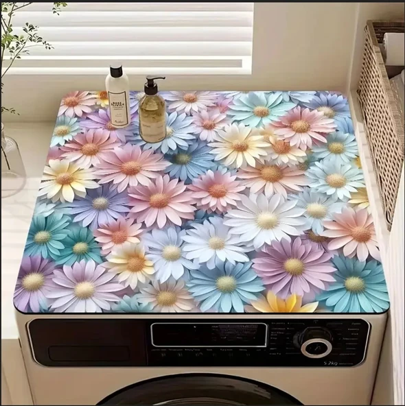 55 CM x 45 CM RENKLİ PAPATYALAR TASARIMI TEZGAH ÜSTÜ BULAŞIK KURUTMA MATI BULAŞIKLIK KURUTMA ÖRTÜSÜ - 2