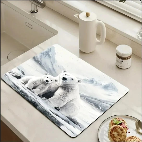 55 CM x 45 CM KUTUP AYISI DESENLİ TEZGAH ÜSTÜ BULAŞIK KURUTMA MATI BULAŞIKLIK KURUTMA ÖRTÜSÜ