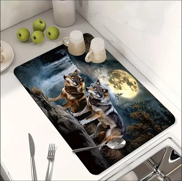 55 CM x 45 CM KURT VE AY IŞIĞI TASARIMI TEZGAH ÜSTÜ BULAŞIK KURUTMA MATI BULAŞIKLIK KURUTMA ÖRTÜSÜ - 3