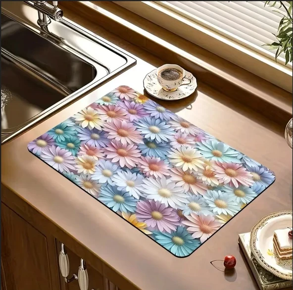 55 CM x 45 CM RENKLİ PAPATYALAR TASARIMI TEZGAH ÜSTÜ BULAŞIK KURUTMA MATI BULAŞIKLIK KURUTMA ÖRTÜSÜ ürün görseli 1