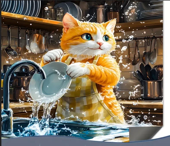 55 CM x 45 CM BULAŞIKCI KEDİ TASARIMI TEZGAH ÜSTÜ BULAŞIK KURUTMA MATI BULAŞIKLIK KURUTMA ÖRTÜSÜ - 2