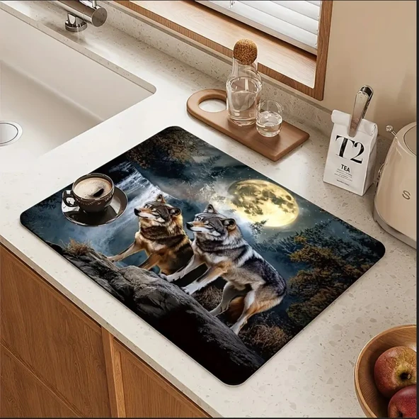 55 CM x 45 CM KURT VE AY IŞIĞI TASARIMI TEZGAH ÜSTÜ BULAŞIK KURUTMA MATI BULAŞIKLIK KURUTMA ÖRTÜSÜ - 2