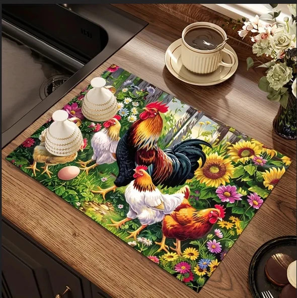 55 CM x 45 CM HOROZ VE TAVUK TASARIMI TEZGAH ÜSTÜ BULAŞIK KURUTMA MATI BULAŞIKLIK KURUTMA ÖRTÜSÜ - 1