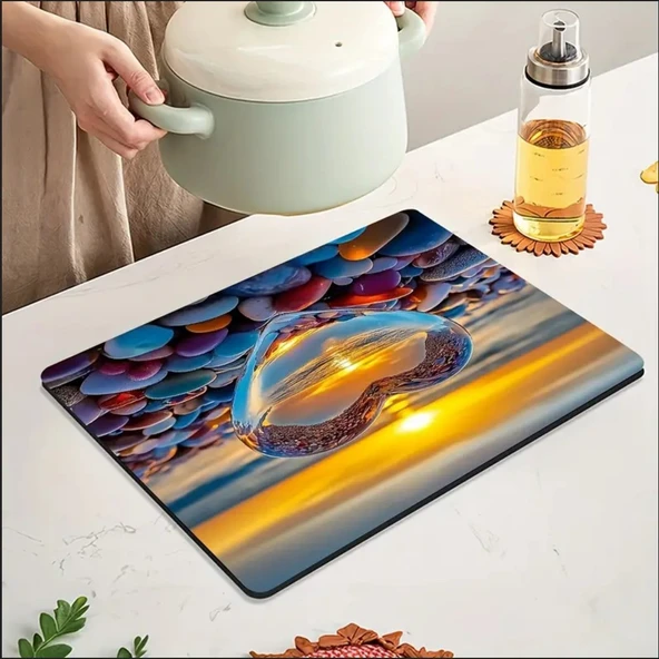 55 CM x 45 CM DENİZİN KALBİ TASARIMI TEZGAH ÜSTÜ BULAŞIK KURUTMA MATI BULAŞIKLIK KURUTMA ÖRTÜSÜ - 2