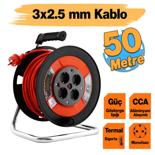 Plastik Makaralı Monofaze Uzatma Kablosu 3x2.5 mm 50 Metre Seyyar CCA Alüminyum Alaşım Kablo 4 Priz ürün görseli