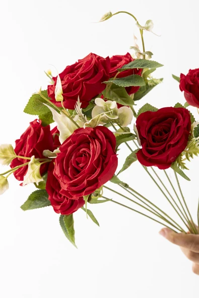 Güleç Yapay Çiçek Yapay Aranjmanlı Gül Demeti 9 Dallı Kırmızı - 3