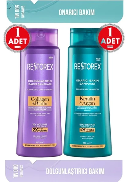 Restorex Keratin & Argan Şampuan 500 Ml + Collagen&Biotin Dolgunlaştırıcı Şampuan 500 Ml Restorex Keratin + Collegen - 1