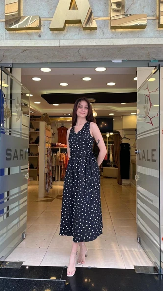 PUANTİYE DESENLİ ARKASI ÇAPRAZ BANTLI ELBİSE - Resim 5