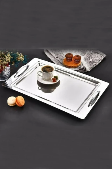 Aslan Çelik Paslanmaz Hanzade Çay Kahve Tepsisi 42x28 cm ürün görseli 1