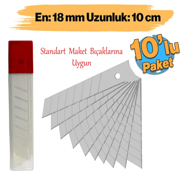 Maket Bıçağı Yedeği 10'lu Paket Ucu Kalınlık 0.50 mm En: 1.8 cm Uzunluk: 10 cm Kırılabilir Yedek Uç ürün görseli