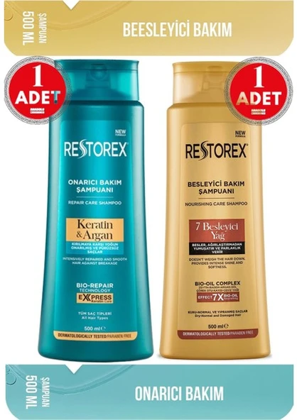 Restorex Bakım Şampuanı 7 Besleyici Yağ 500 Ml + Keratin & Argan Şampuan 500 Ml Restorex Besleyici Yağ + Keratin - 1