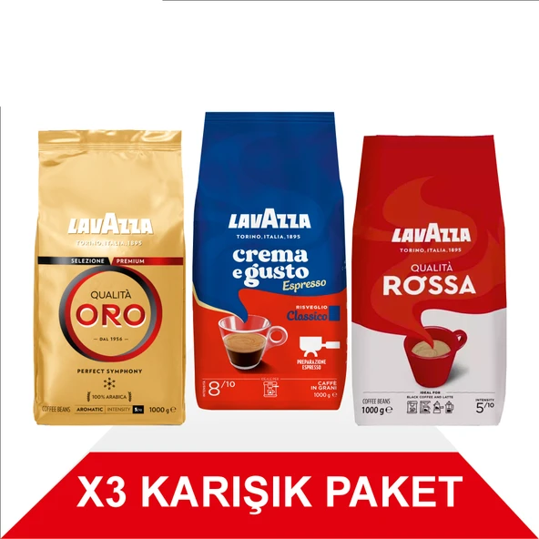 Lavazza Qualita Oro + Crema e Gusto Classico + Qualita Rossa Çekirdek Kahve (1000gr) 3'Lü Paket