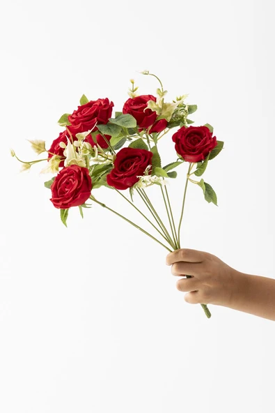 Güleç Yapay Çiçek Yapay Aranjmanlı Gül Demeti 9 Dallı Kırmızı - 2