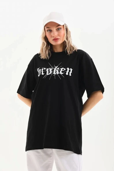Unisex Baskılı Oversize T-Shirt - Siyah - 6