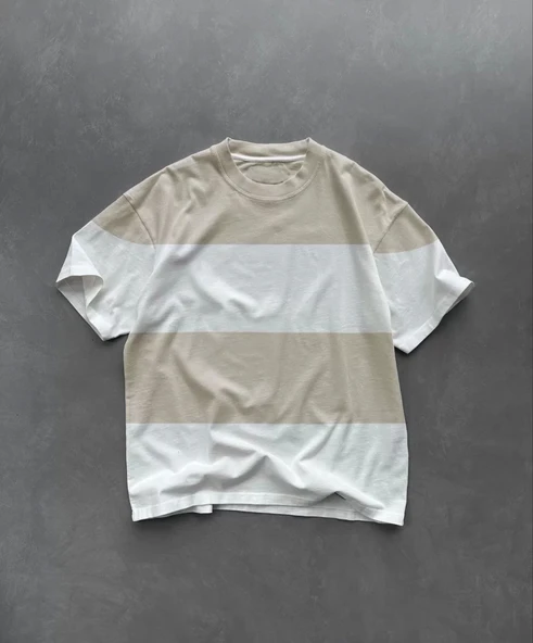 Unisex Bisiklet Yaka Parçalı T-Shirt - Bej ürün görseli