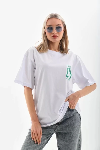 Unisex Baskılı Oversize T-Shirt - Beyaz ürün görseli