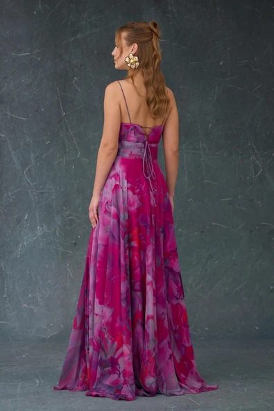 ELBİSE UZUN ASKILI DIGİTAL BASKILI YIRTMAÇLI - Resim 6