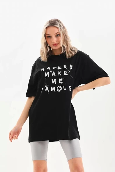 Unisex Baskılı Oversize T-Shirt - Siyah - Resim 3