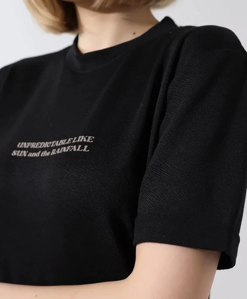 Unisex Bisiklet Yaka Baskılı Slim Fit T-Shirt - Siyah - Resim 5